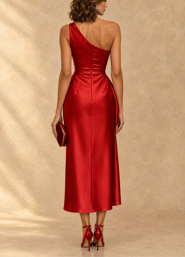 One-Shoulder Ruched Satin Midi Dress