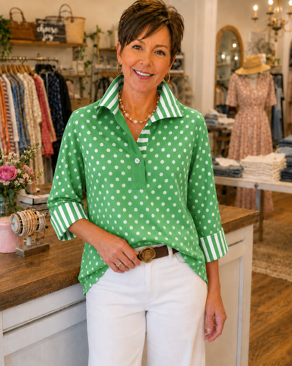 Polka Dot Contrast-Stripe Blouse