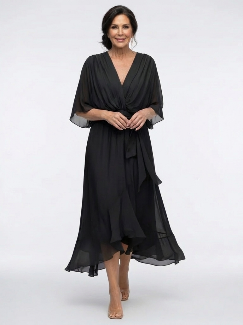V-Neck Draped Waist Midi Dress