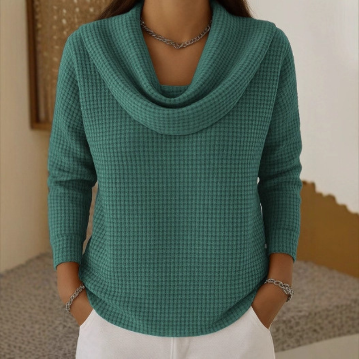 Warm Waffle Sweater with Elegant Waterfall Neck