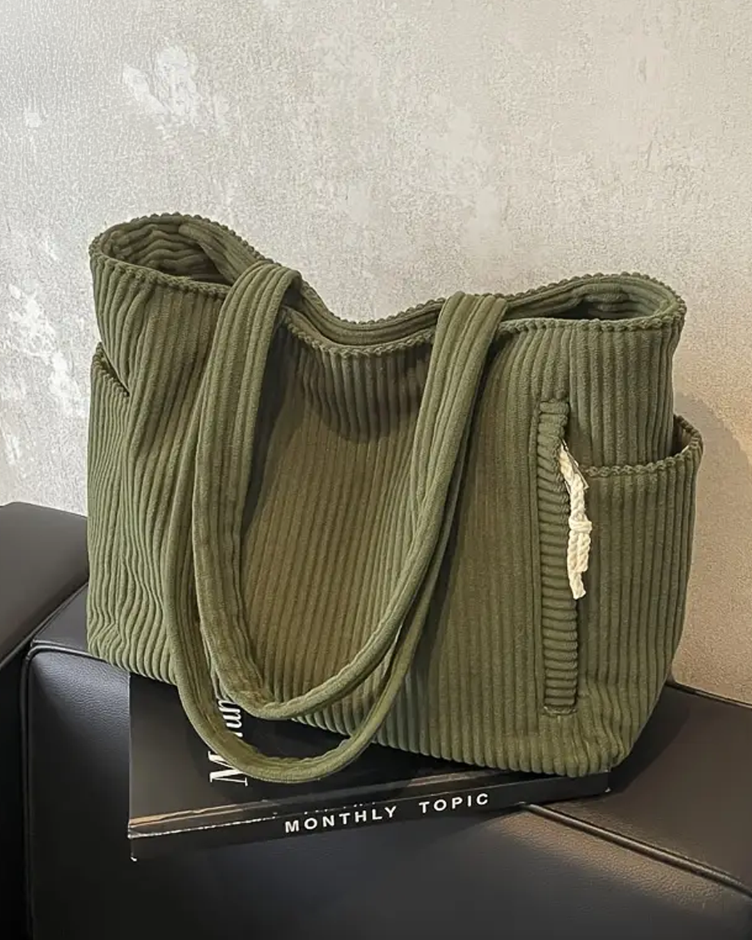 Ribbed Tote Bag with Drawstring Detail
