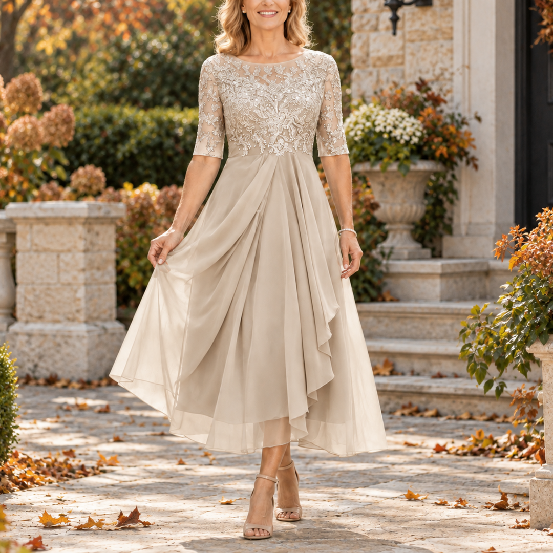 Lace Bodice Draped Midi Dress Zoe