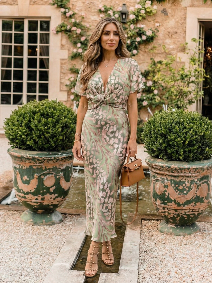 Print V-Neck Wrap Waist Midi Dress