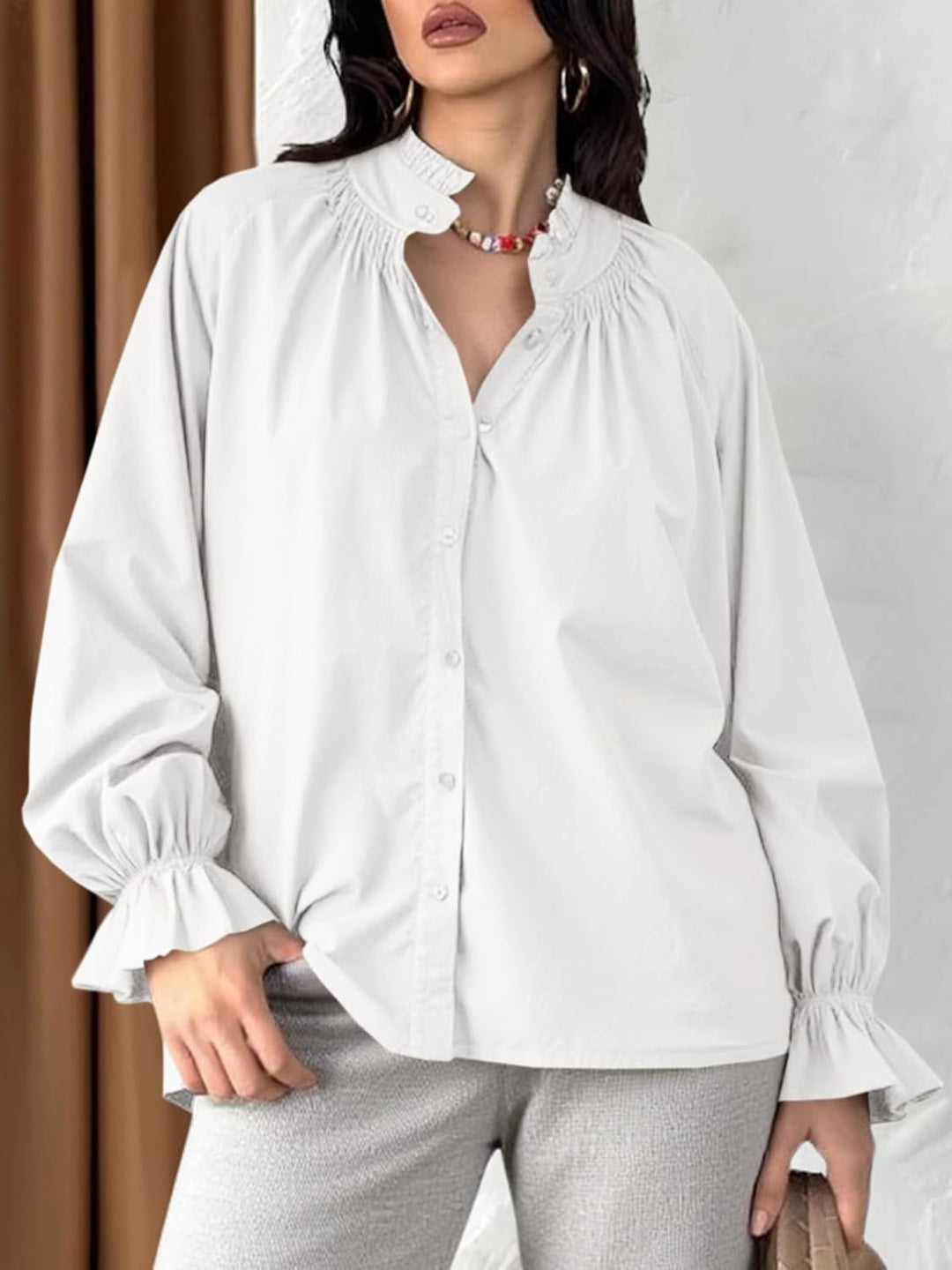 Cotton Puff Sleeve Button Down Blouse