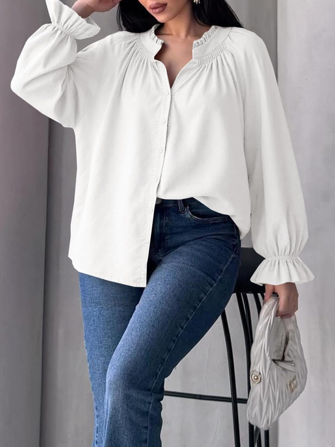 Cotton Puff Sleeve Button Down Blouse