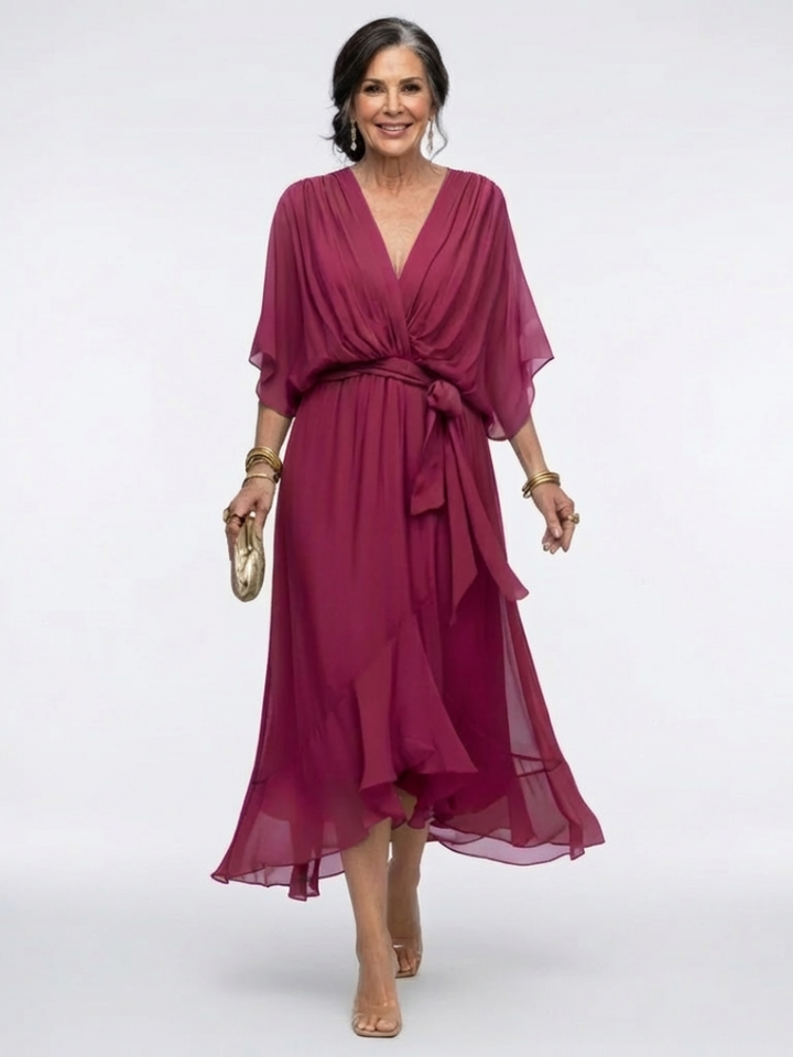V-Neck Draped Waist Midi Dress