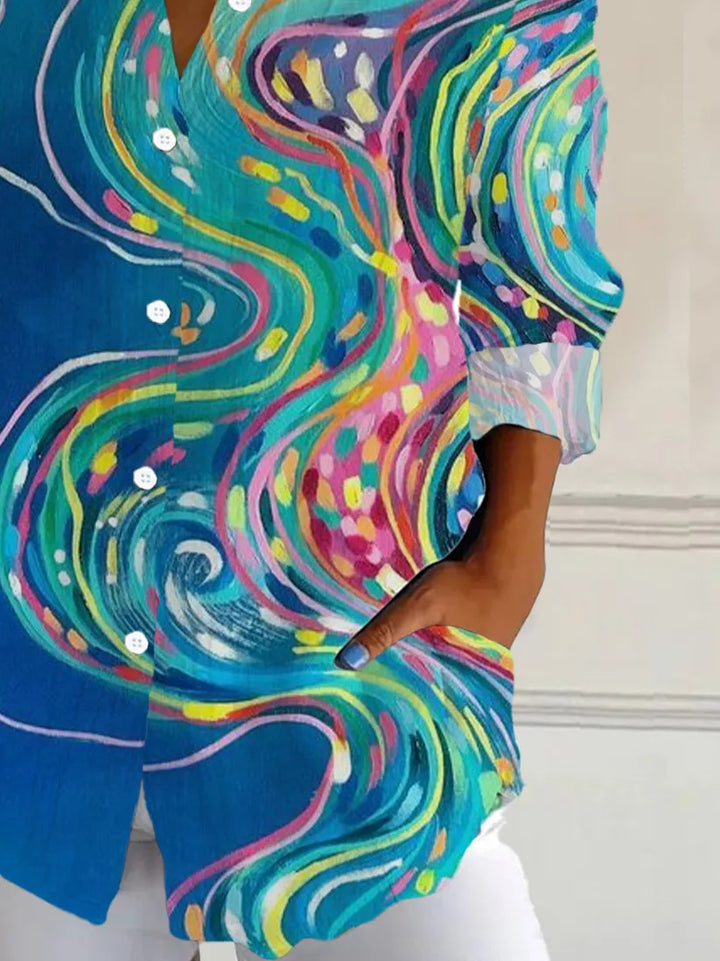 Abstract Watercolor Blouse with Button Front