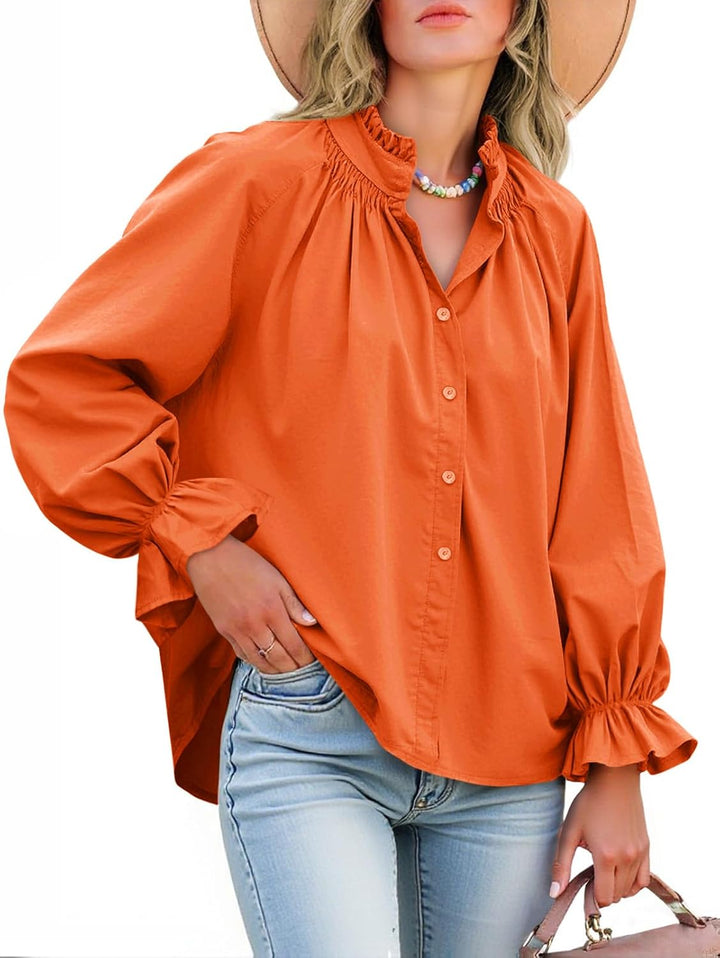 Cotton Puff Sleeve Button Down Blouse