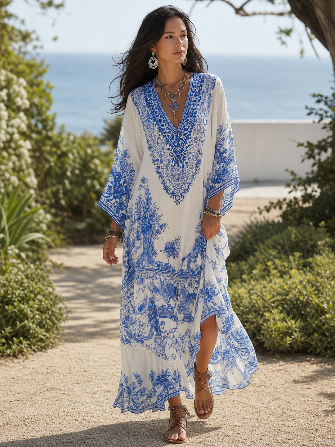 Blue Porcelain Print Kaftan Dress