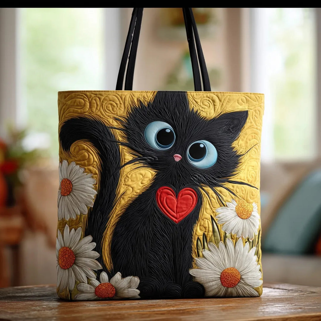 Black Cat with Daisies Handmade Tote Bag