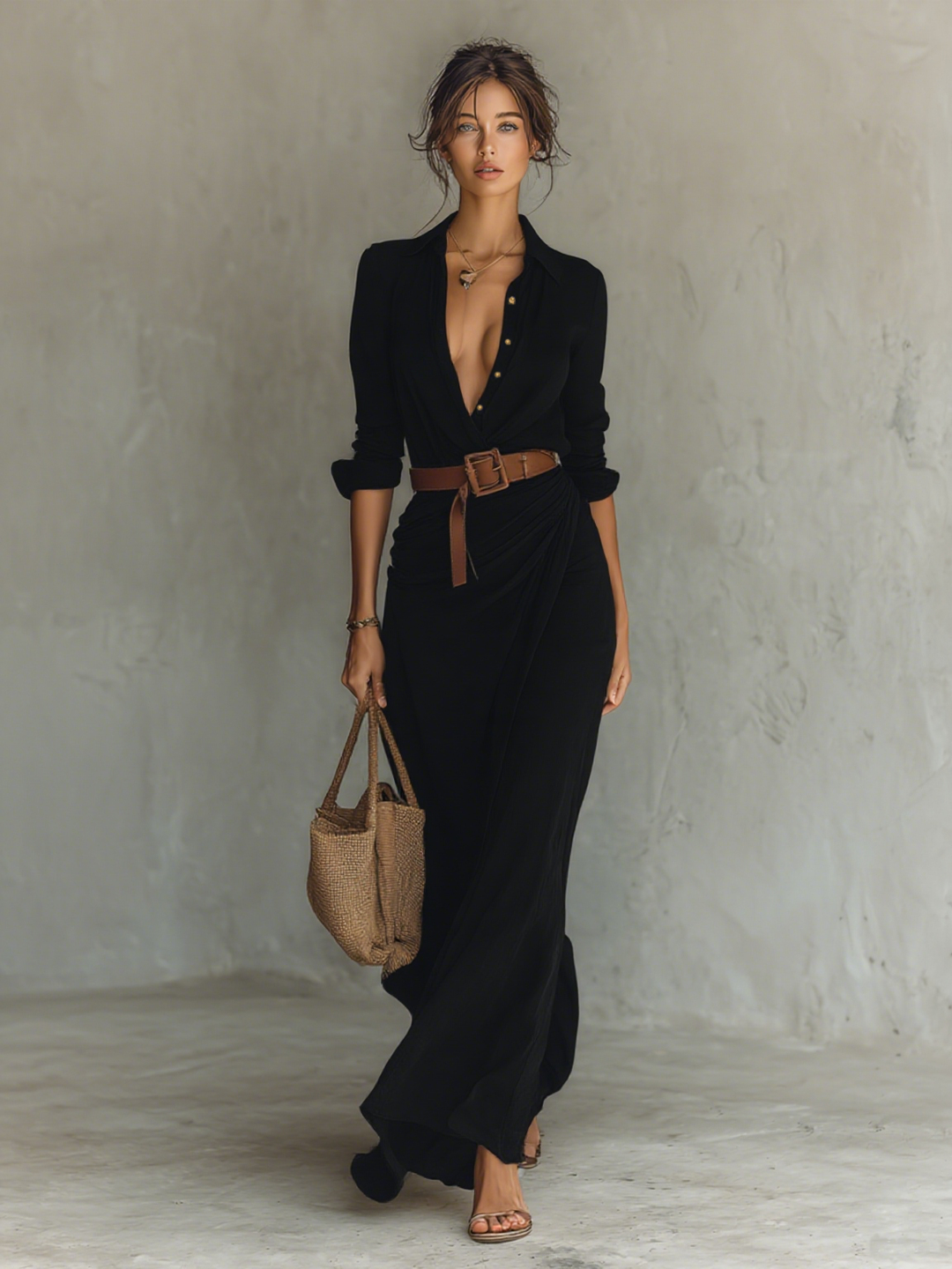 Long Maxi Dress with Lapel Collar