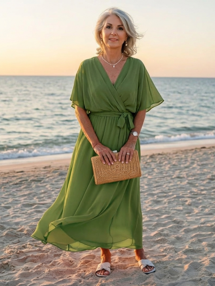 V-Neck Draped Waist Midi Dress