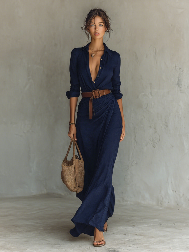 Long Maxi Dress with Lapel Collar
