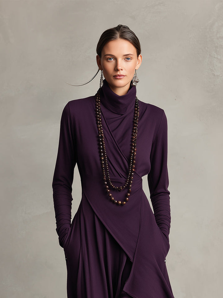 Asymmetrical Knit Maxi Dress with Turtleneck