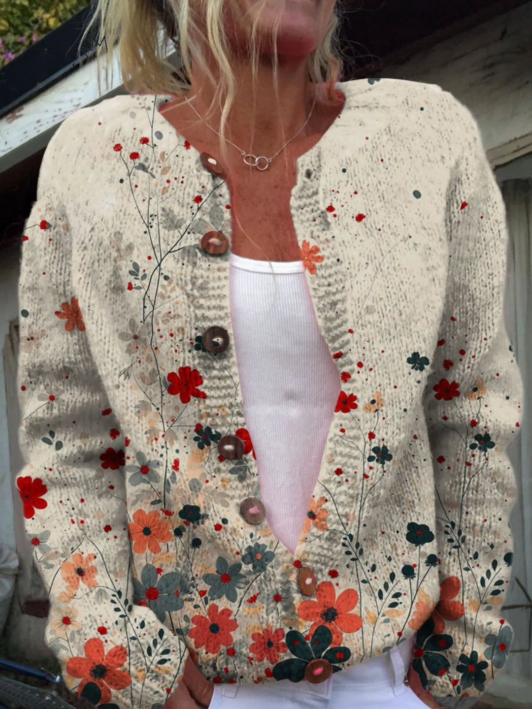 Vintage Flower Art Print Buttoned Cardigan Winter