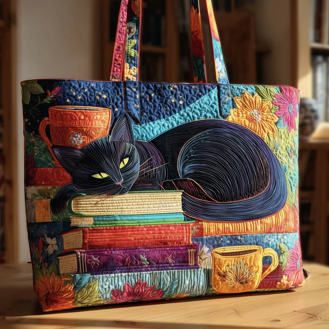 Black Cat with Books and Mugs Handmade Tote Bag