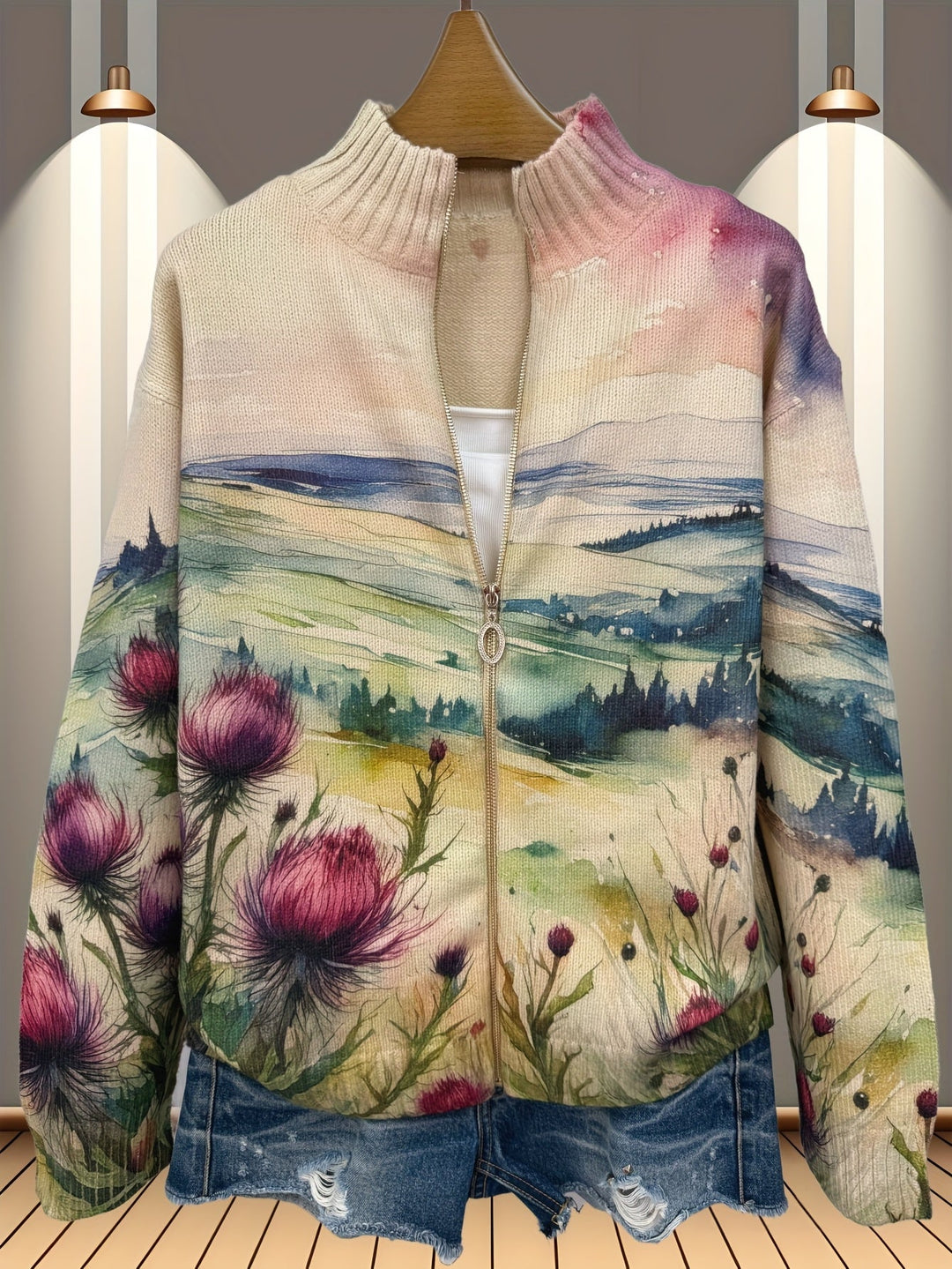 Scottish Thistle Landscape Zip Cardigan