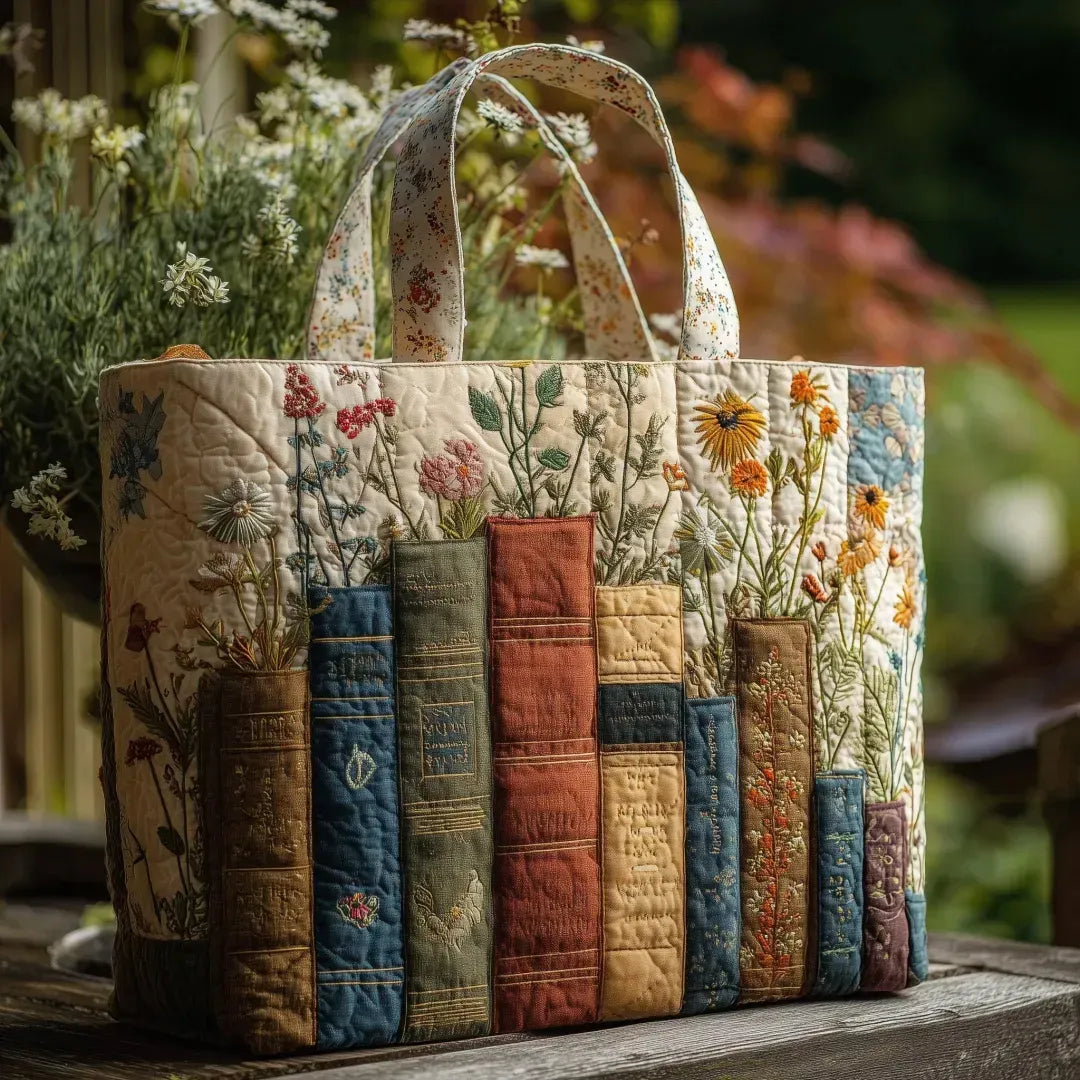 Books and Flowers Handmade Quilted Tote Bag
