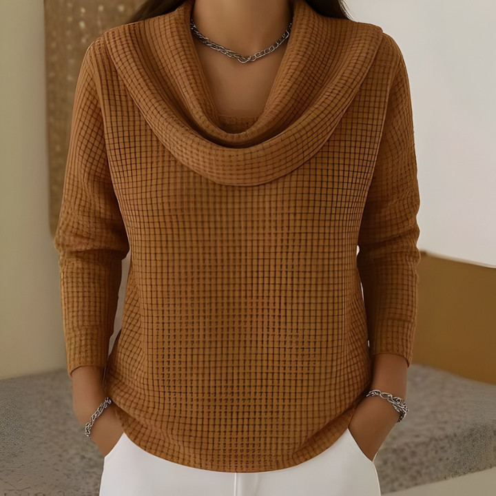 Warm Waffle Sweater with Elegant Waterfall Neck