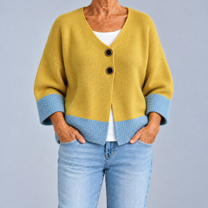 Two-Tone V-Neck Knit Cardigan