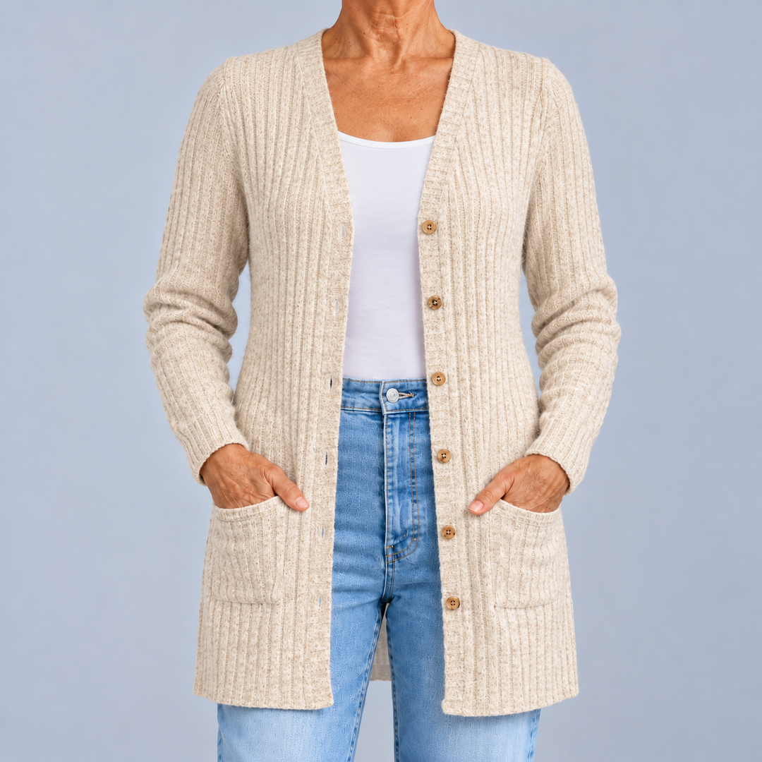 Ribbed V-Neck Button-Up Cardigan