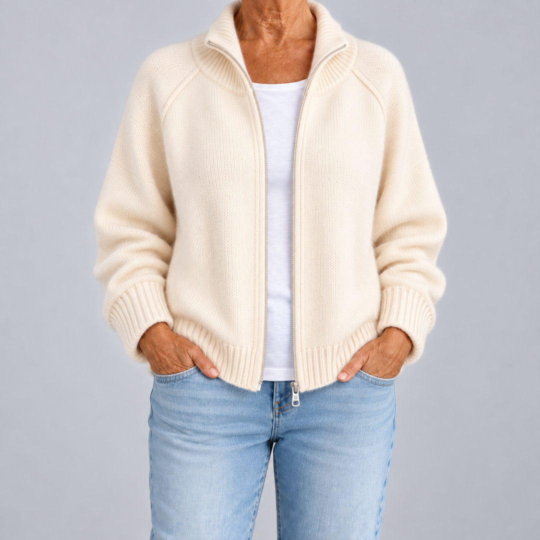 Zip-Up Cardigan with High Neck