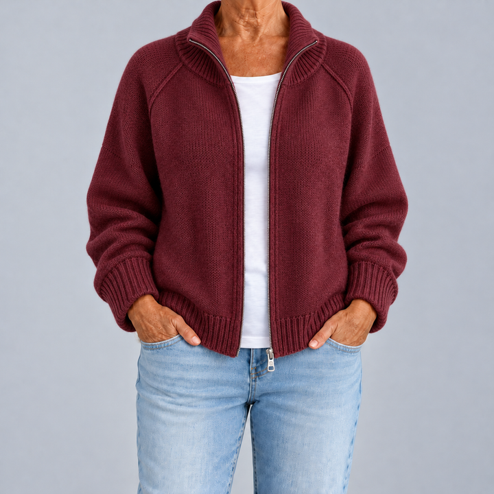 Zip-Up Cardigan with High Neck