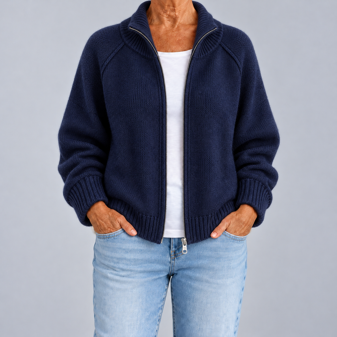 Zip-Up Cardigan with High Neck