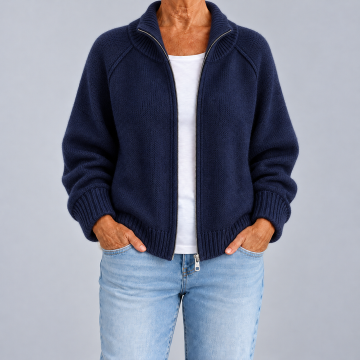 Zip-Up Cardigan with High Neck