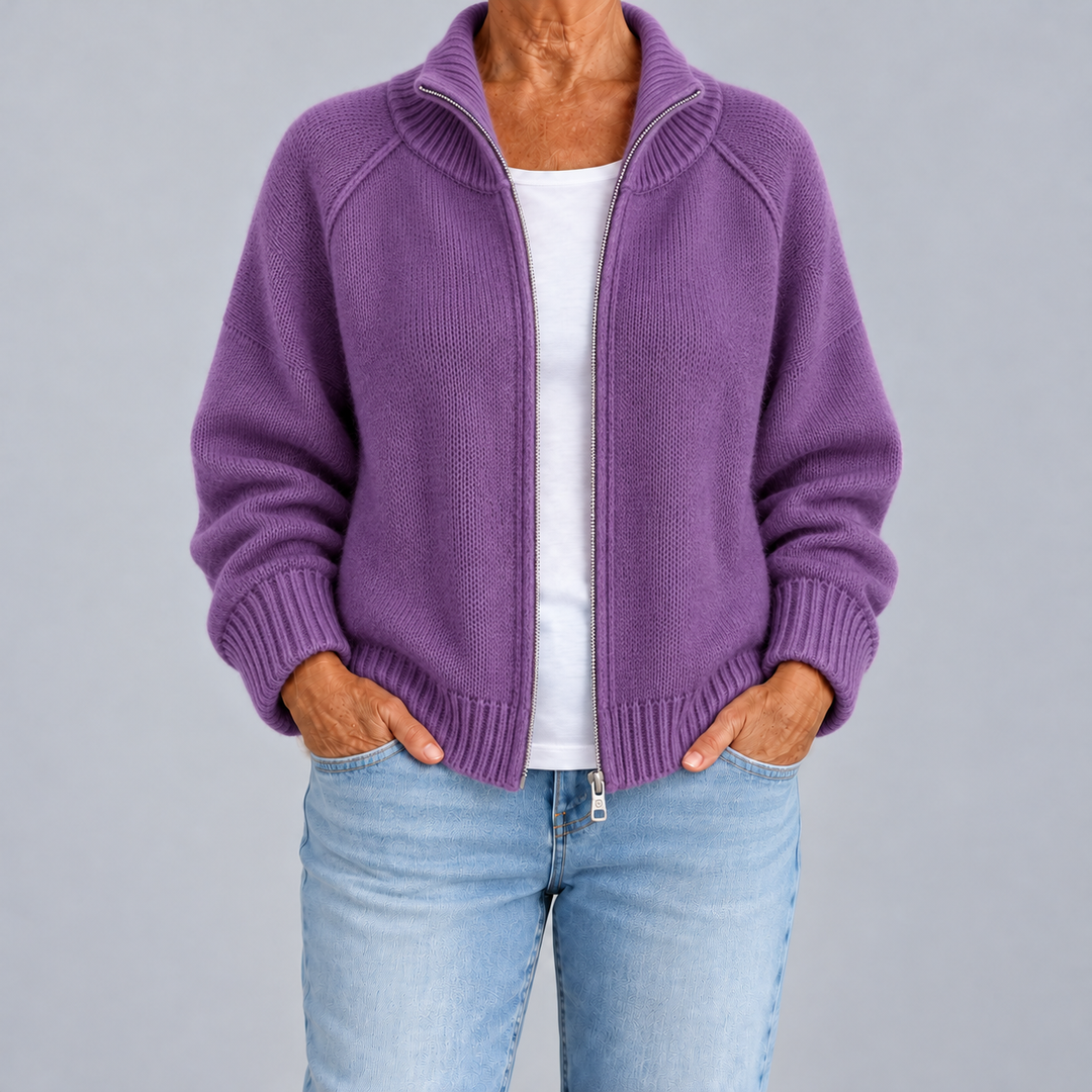 Zip-Up Cardigan with High Neck