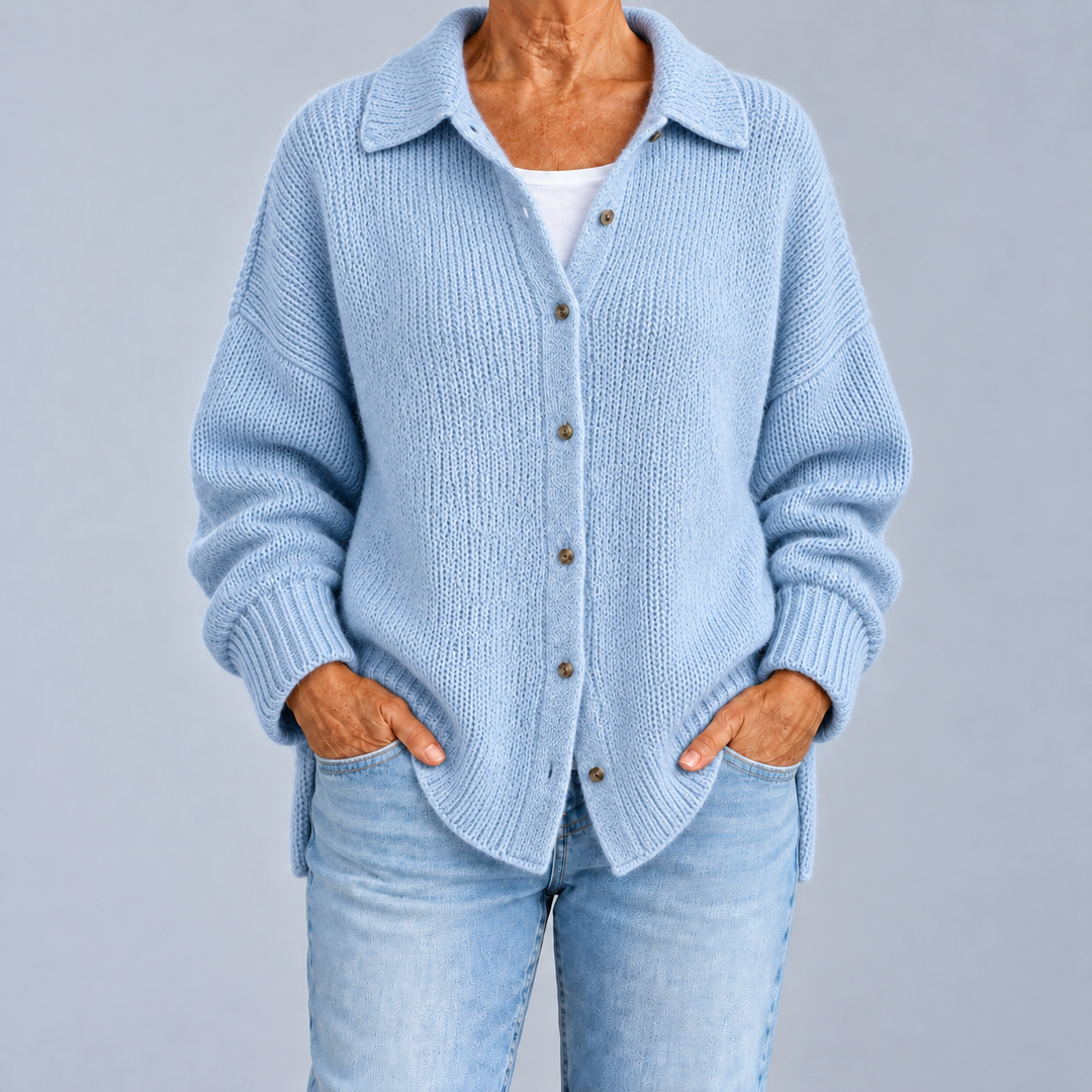 Oversized Shirt-Collar Knit Cardigan