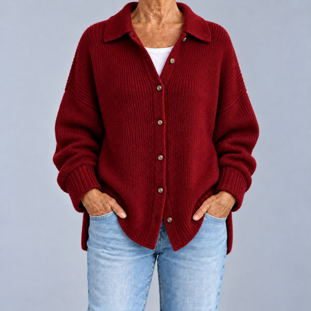 Oversized Shirt-Collar Knit Cardigan