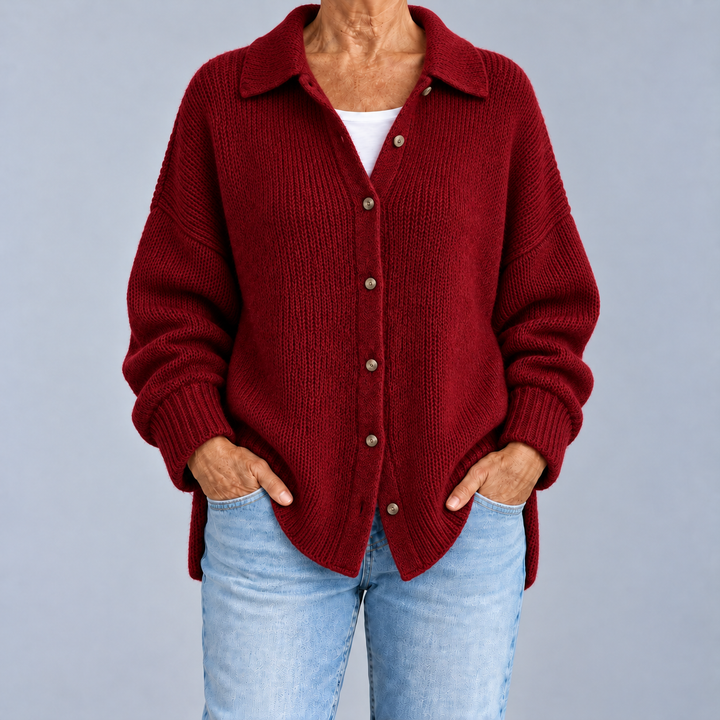 Oversized Shirt-Collar Knit Cardigan