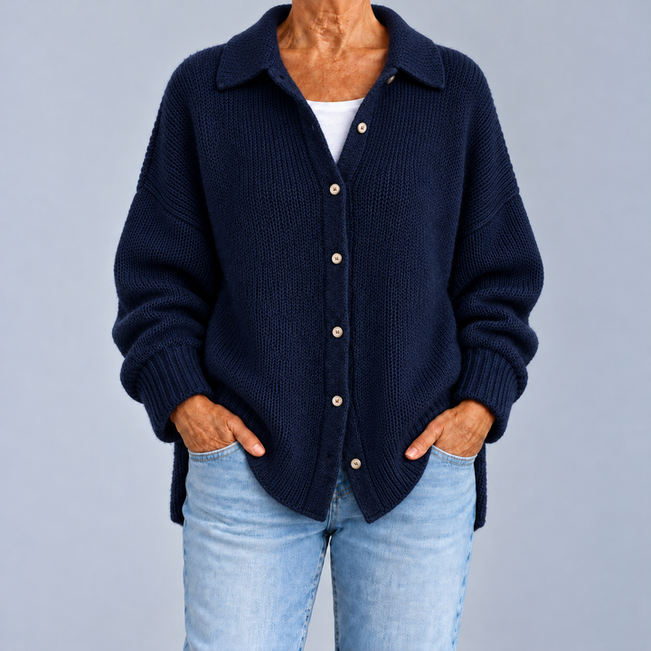 Oversized Shirt-Collar Knit Cardigan