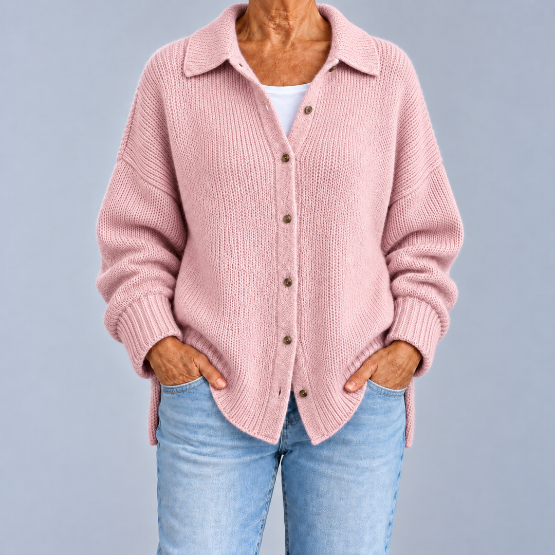 Oversized Shirt-Collar Knit Cardigan