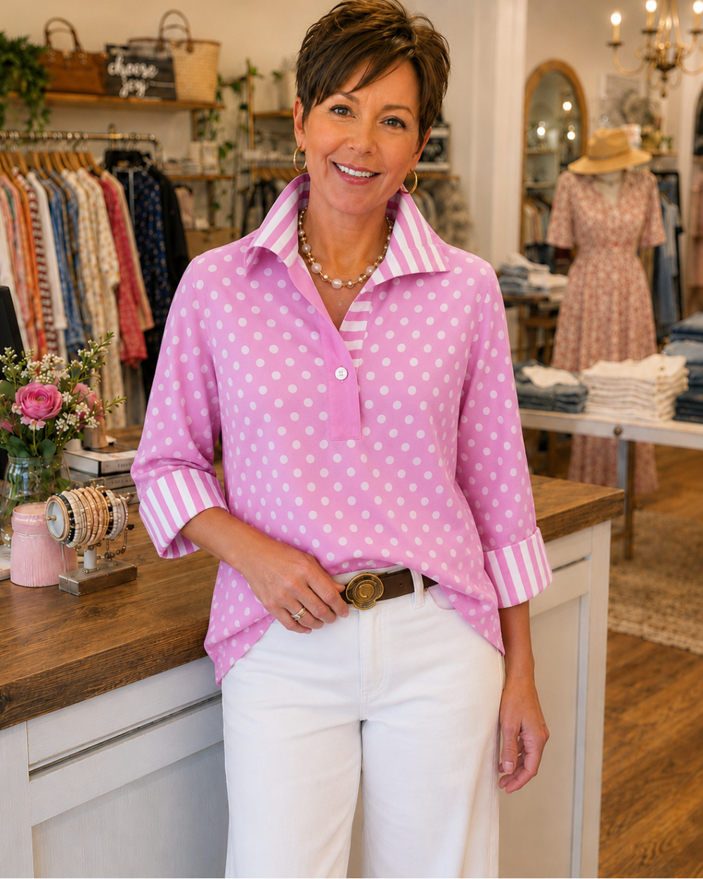 Polka Dot Contrast-Stripe Blouse