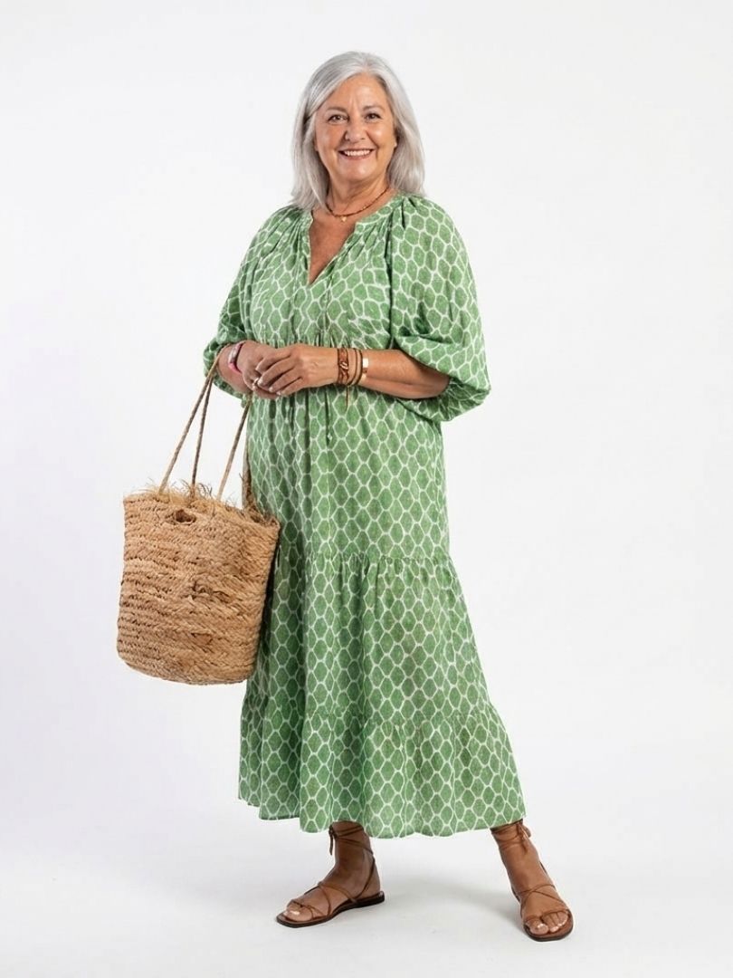 Three-Quarter Sleeve V-Neck Midi Dress