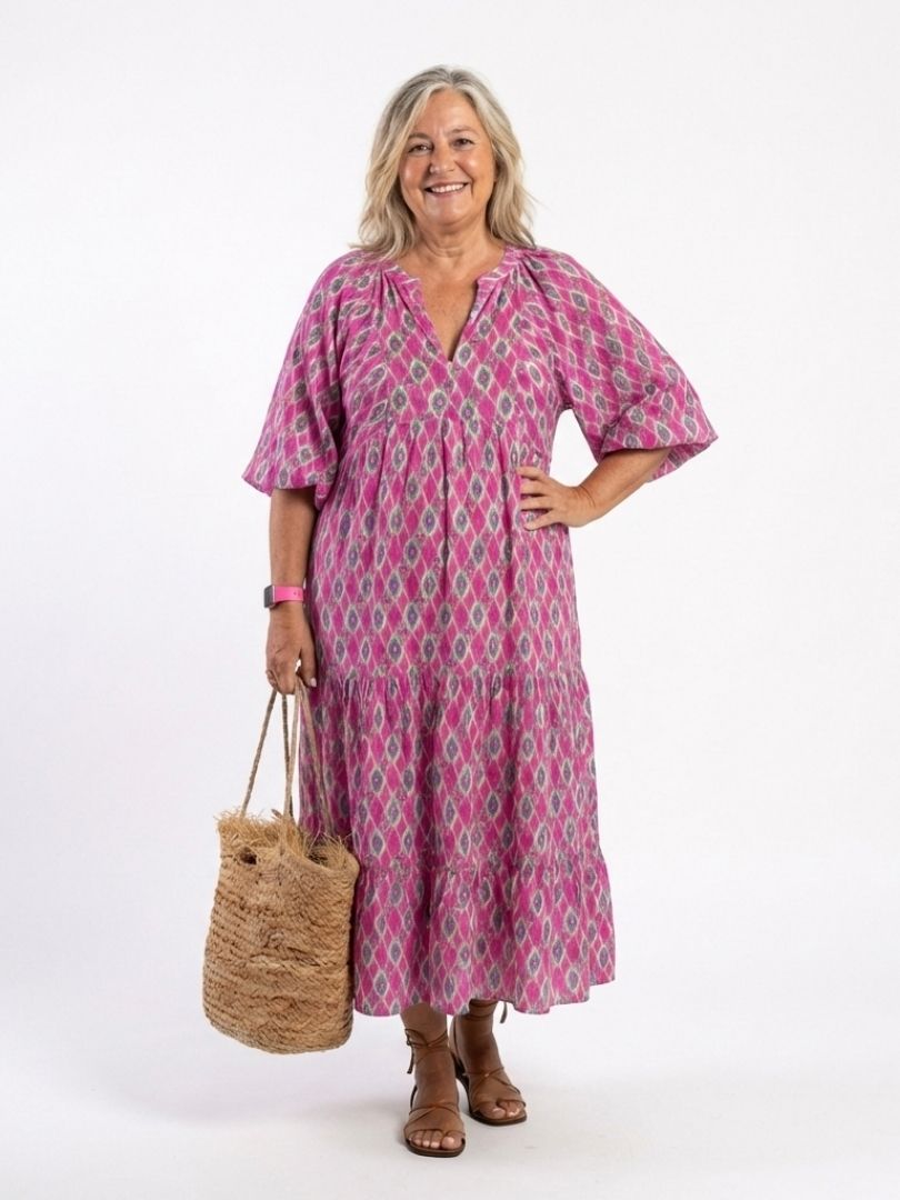 Three-Quarter Sleeve V-Neck Midi Dress