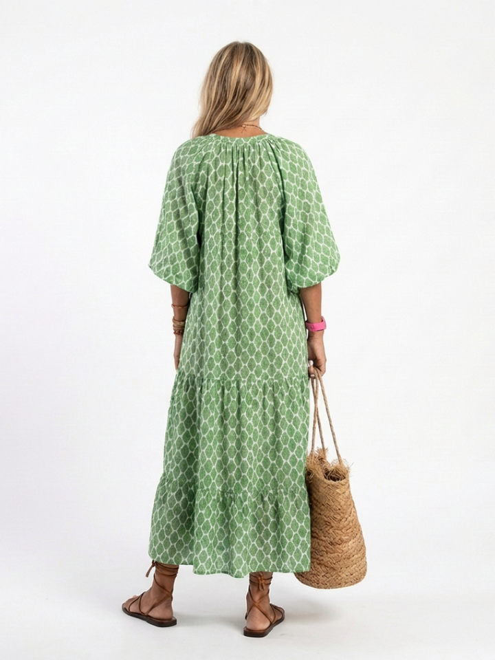 Three-Quarter Sleeve V-Neck Midi Dress