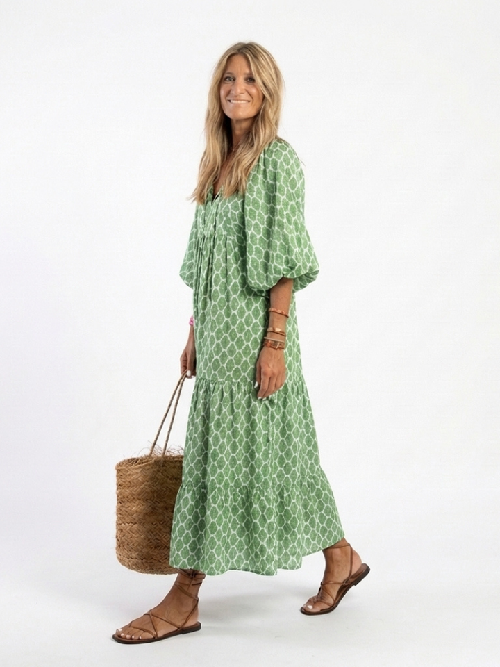 Three-Quarter Sleeve V-Neck Midi Dress