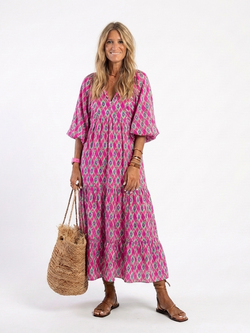 Three-Quarter Sleeve V-Neck Midi Dress