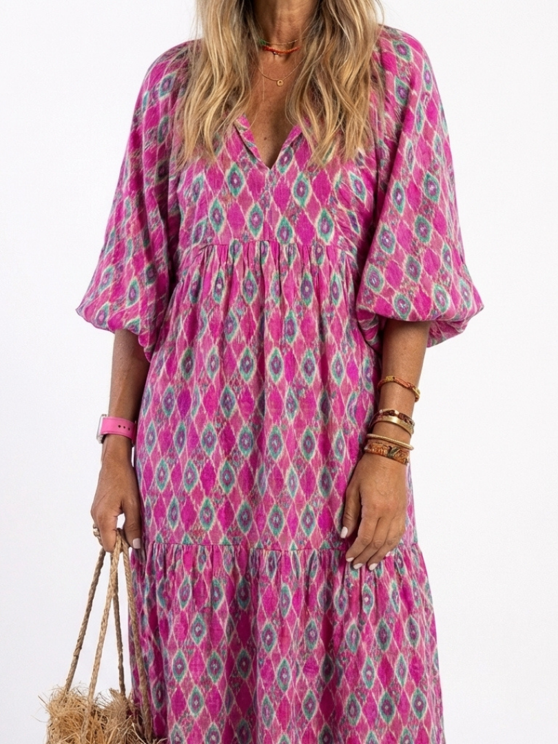 Three-Quarter Sleeve V-Neck Midi Dress