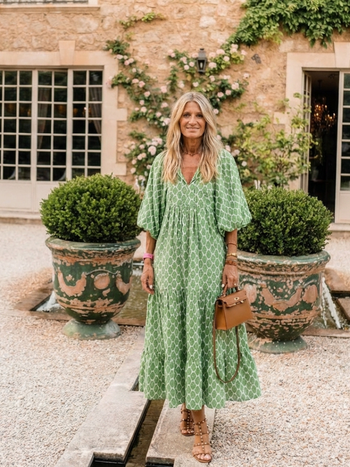 Three-Quarter Sleeve V-Neck Midi Dress
