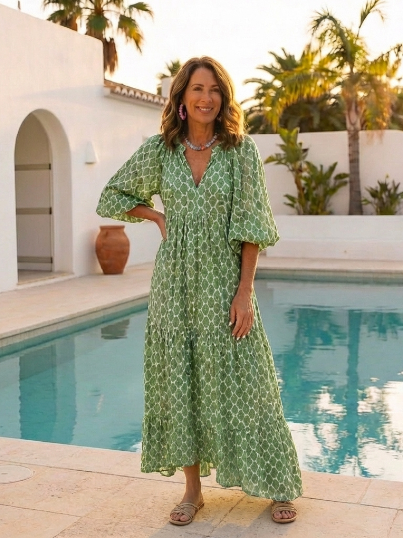 Three-Quarter Sleeve V-Neck Midi Dress