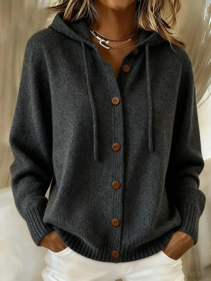 Hooded Button-Up Knit Cardigan