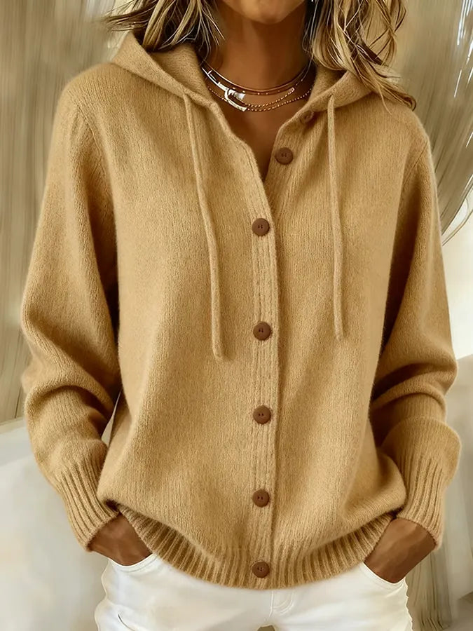 Hooded Button-Up Knit Cardigan