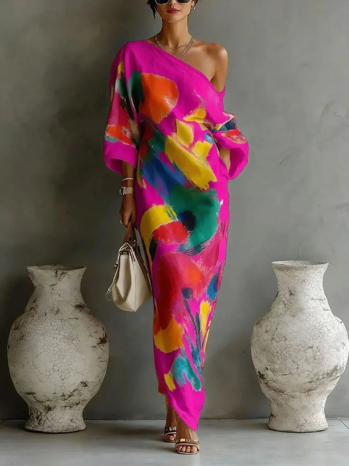 One-Shoulder Abstract Print Maxi Dress
