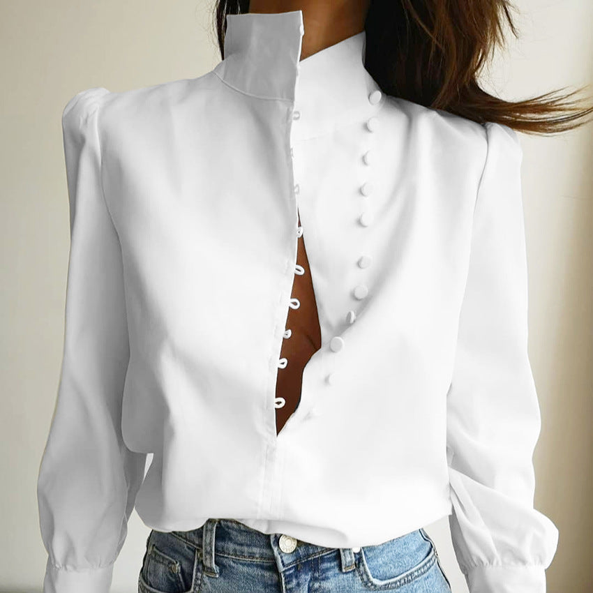 Elegant Button Front Long Sleeve Blouse