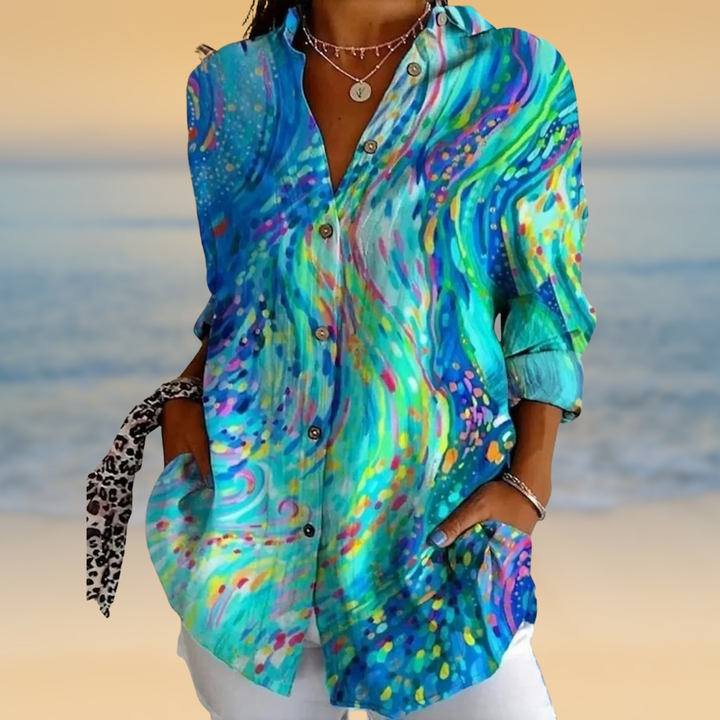Abstract Watercolor Blouse with Button Front