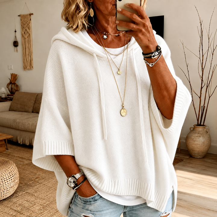 White Hooded Poncho Sweater